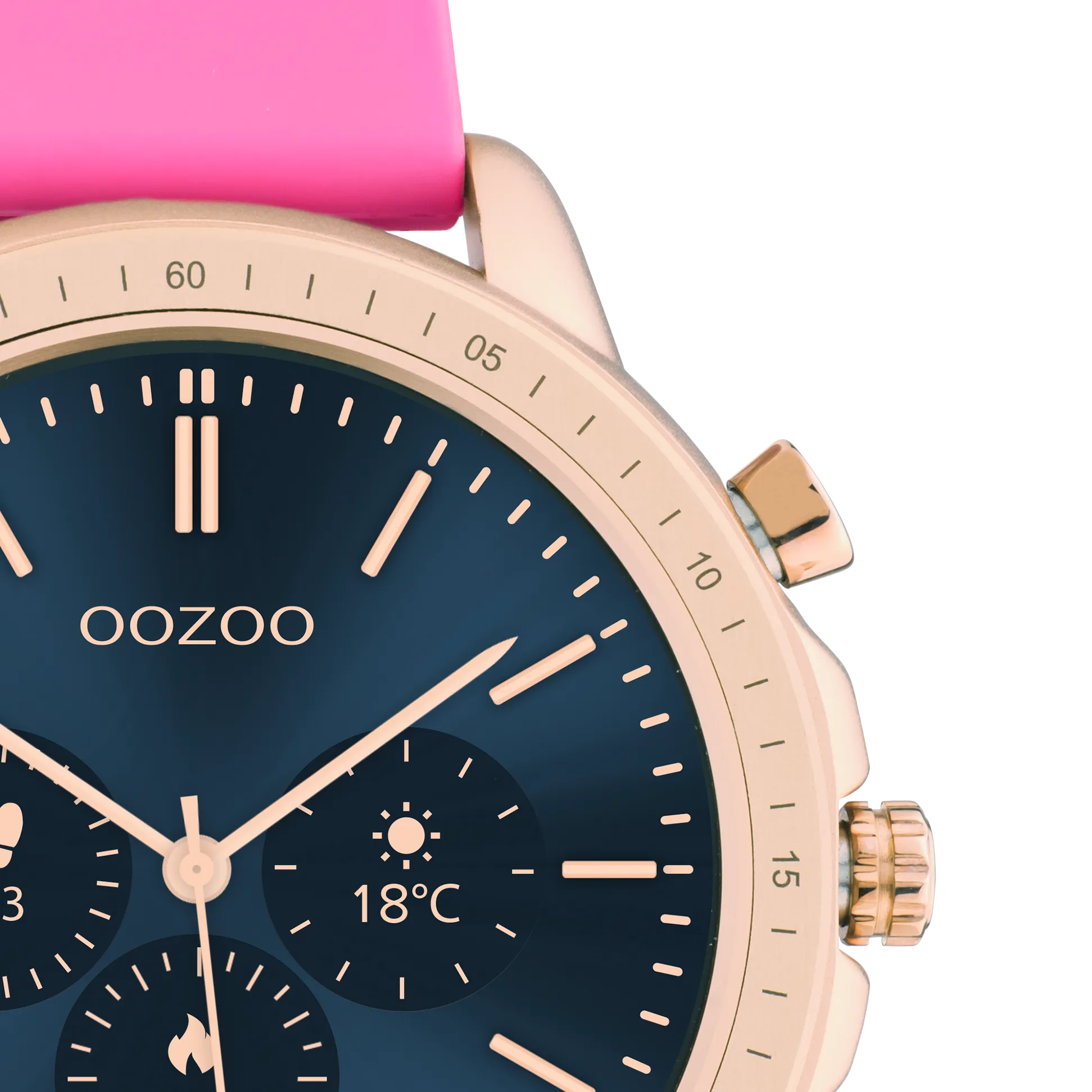 Rose gold coloured OOZOO smartwatch with raspberry pink rubber strap - Q00325