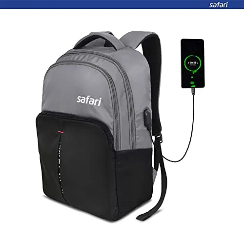 Safari Sneak 26 Ltrs Small Casual Backpack with USB Charging Port | Water Resistant Fabric - Grey