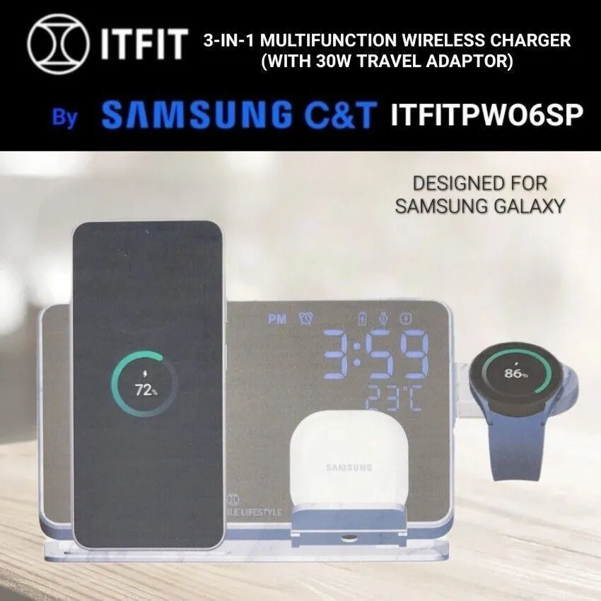 Samsung ITFIT 3 in 1 Wireless Charger with 30W UK Plug Black - ITFITPW06