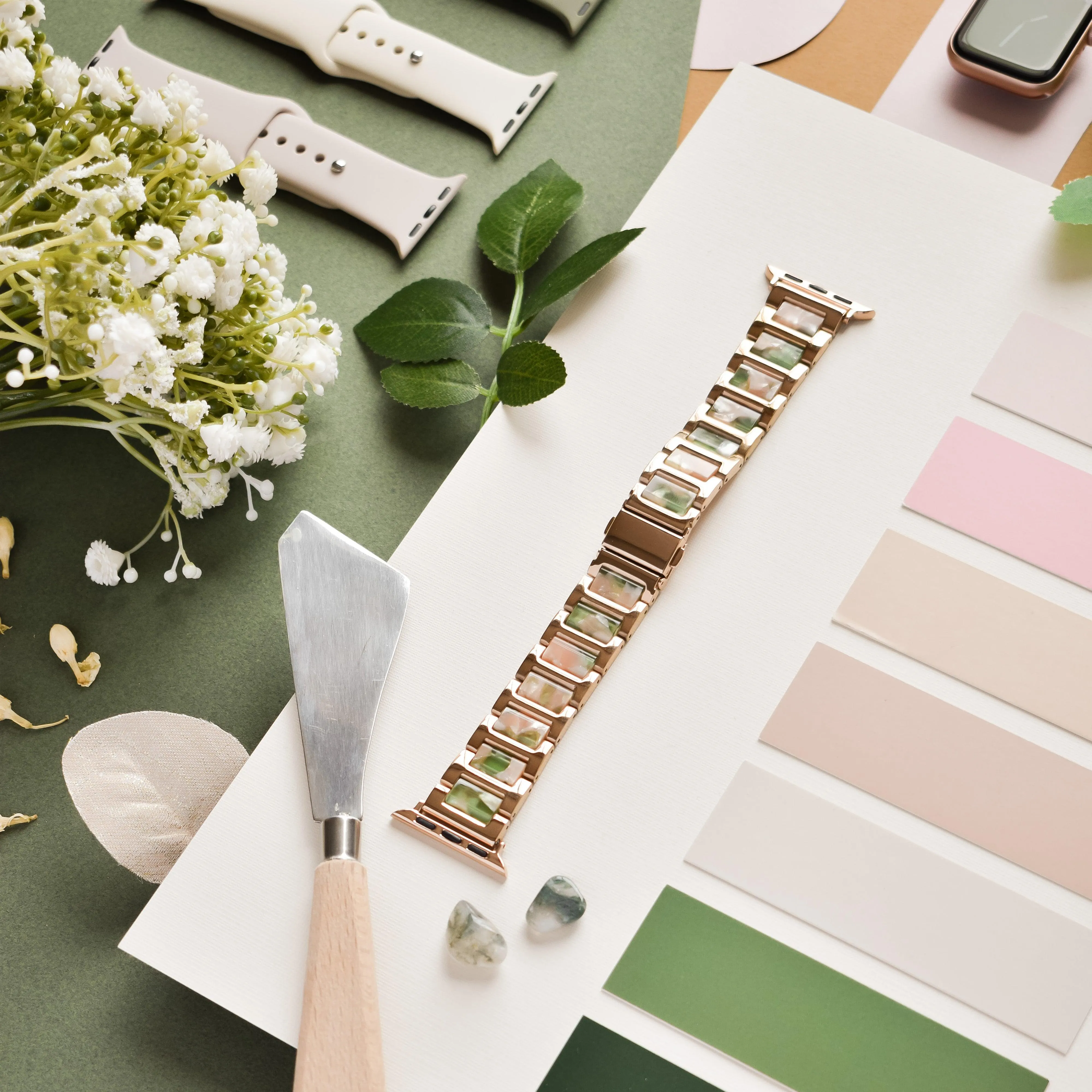 Stainless Steel Apple Watch Strap - Pink, Green & Rose Gold