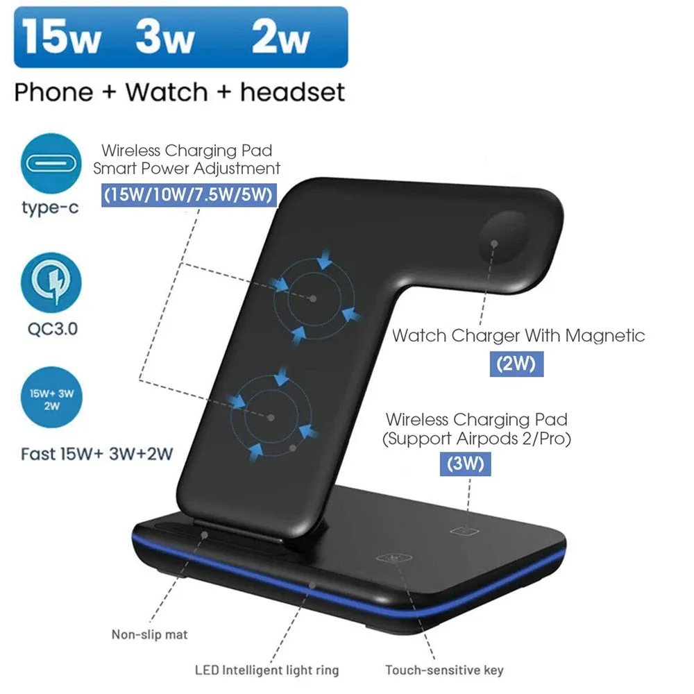 Three-in-one Wireless Charger 15W Fast Charging Vertical Stand