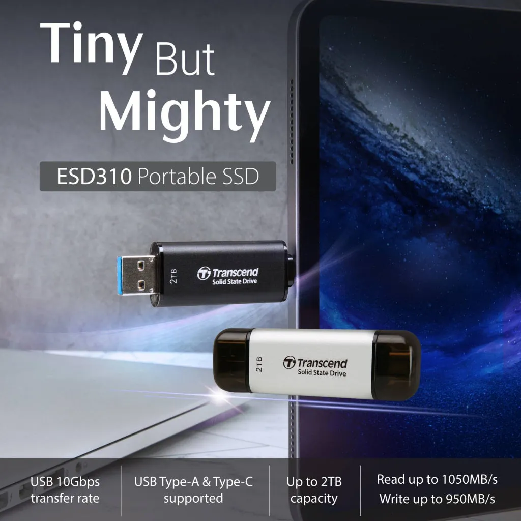 Transcend ESD310C 3D NAND Portable External SSD with USB 3.2 Type-A and Type-C Connectors - ( 512GB / 1TB / 2TB )