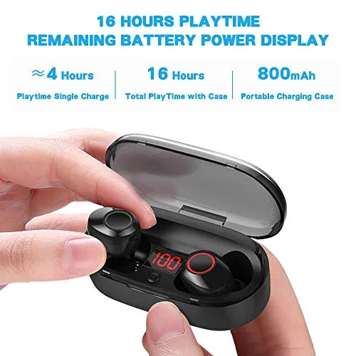 True Wireless Earbuds, 16H Playtime, Bluetooth Headphones 5.0 Mini Stereo Headset with Microphone, IPX5 Sweatproof, Hi-Fi Sound, Volume Control, in Ear Sport Earphones with Portable Charging Box/Case