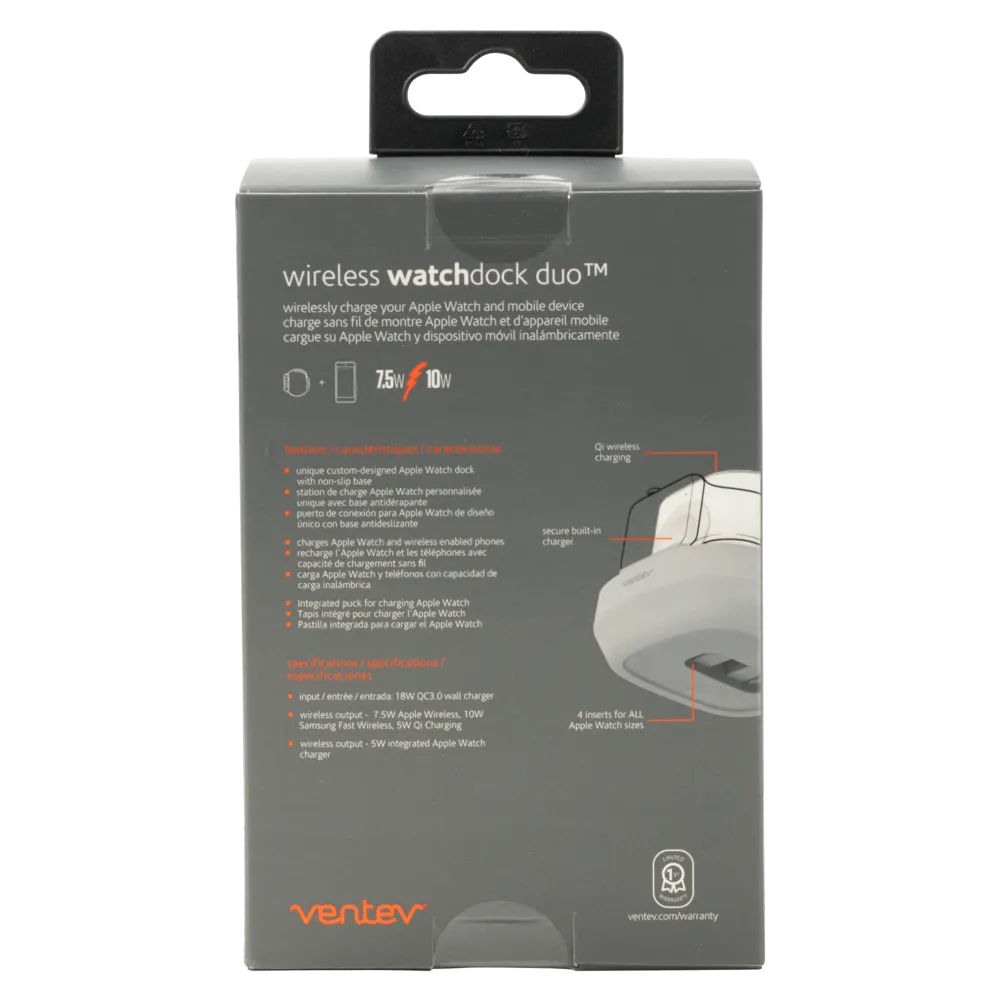 Ventev Wireless WatchDock Duo 10W Charging Pad & Apple Watch Charger - Gray/White