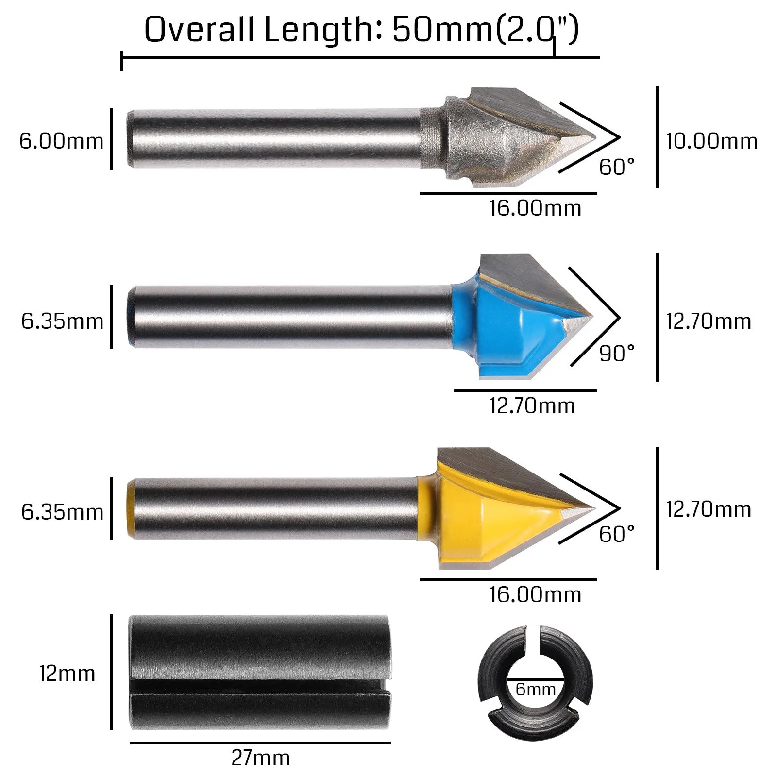 VG03A, 1/4'' Shank, 60 & 90 Degree V-Grooving, for Acrylics, Plastics, Carbon fiber, 3Pcs Router Bit Set