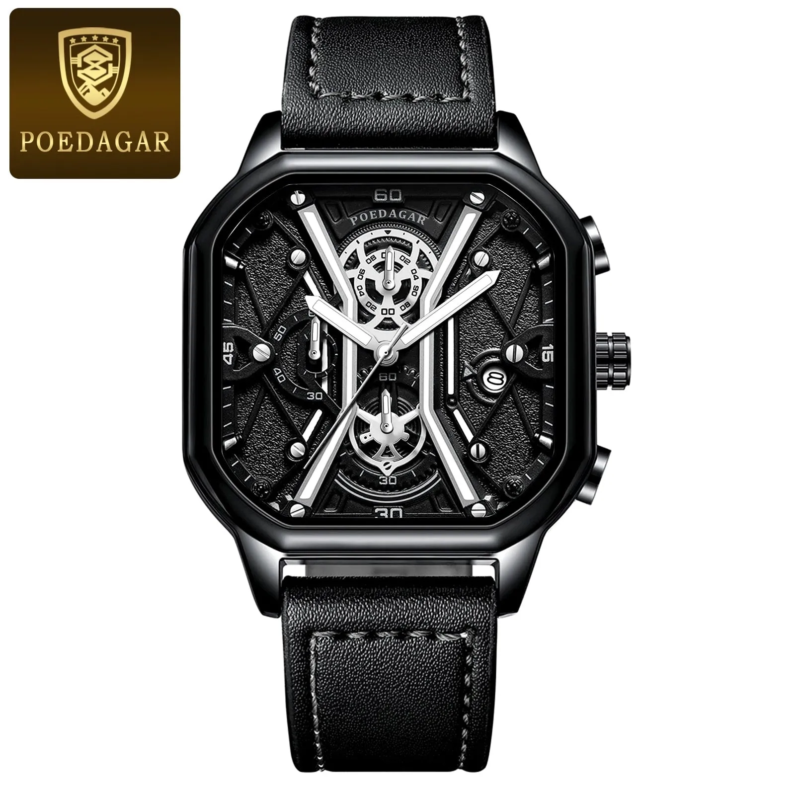 Waterproof Luminous Chronograph Man Watch Square Dial Leather