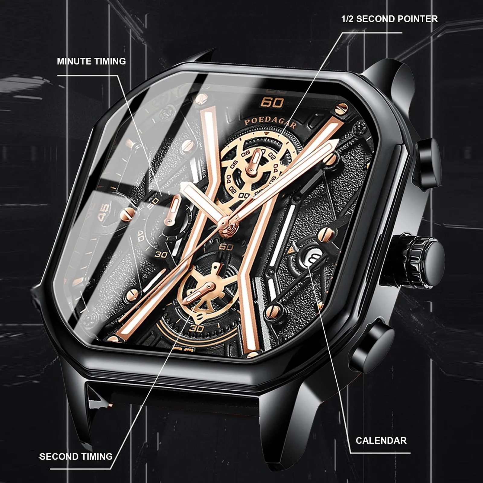 Waterproof Luminous Chronograph Man Watch Square Dial Leather