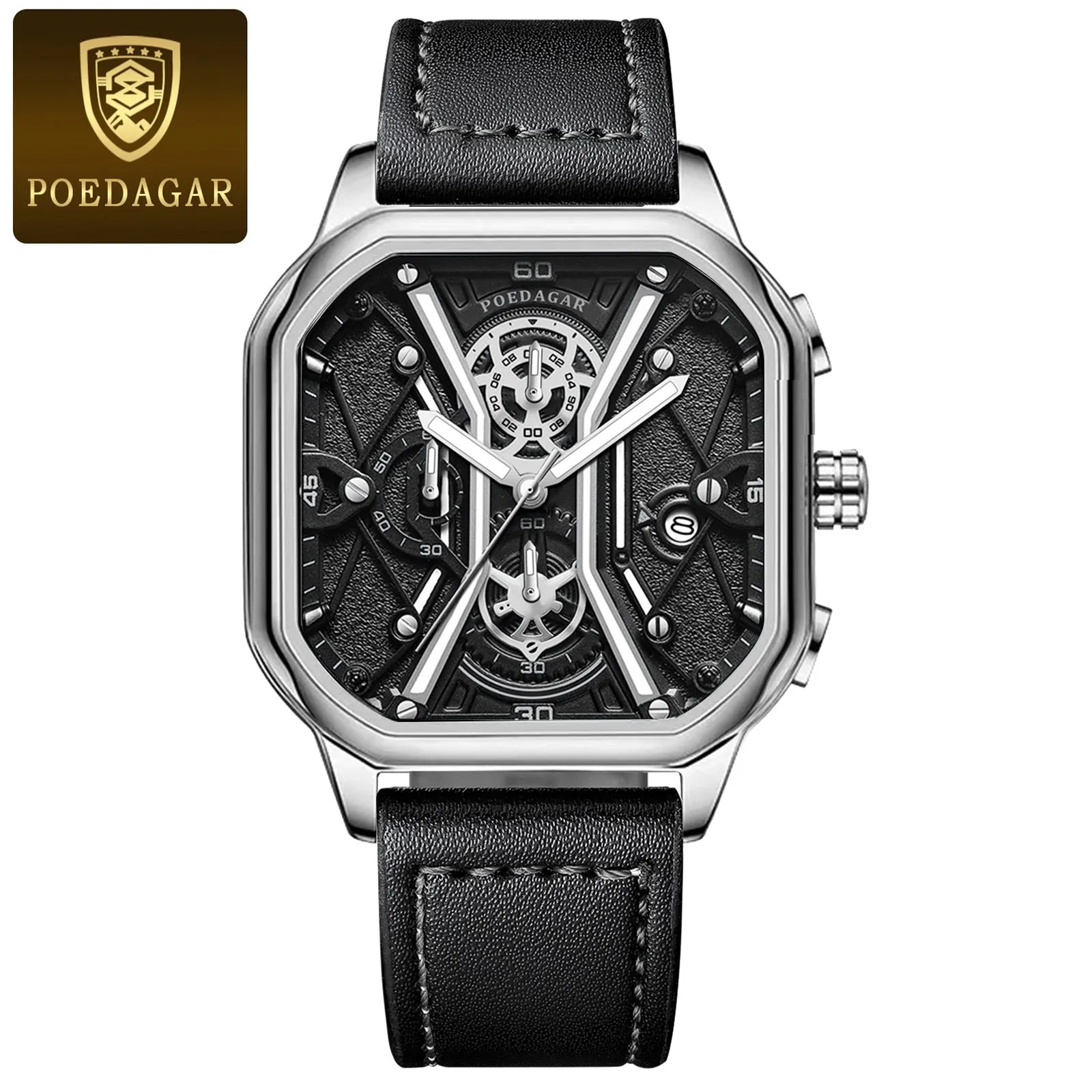 Waterproof Luminous Chronograph Man Watch Square Dial Leather