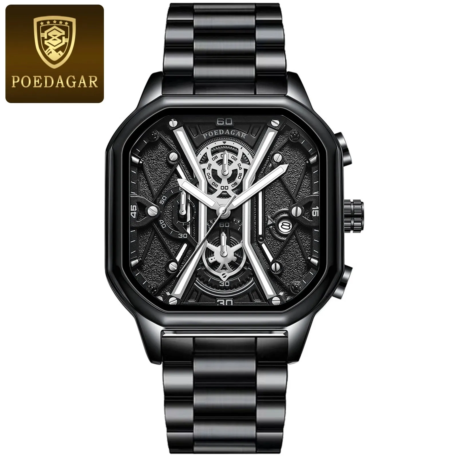 Waterproof Luminous Chronograph Man Watch Square Dial Leather