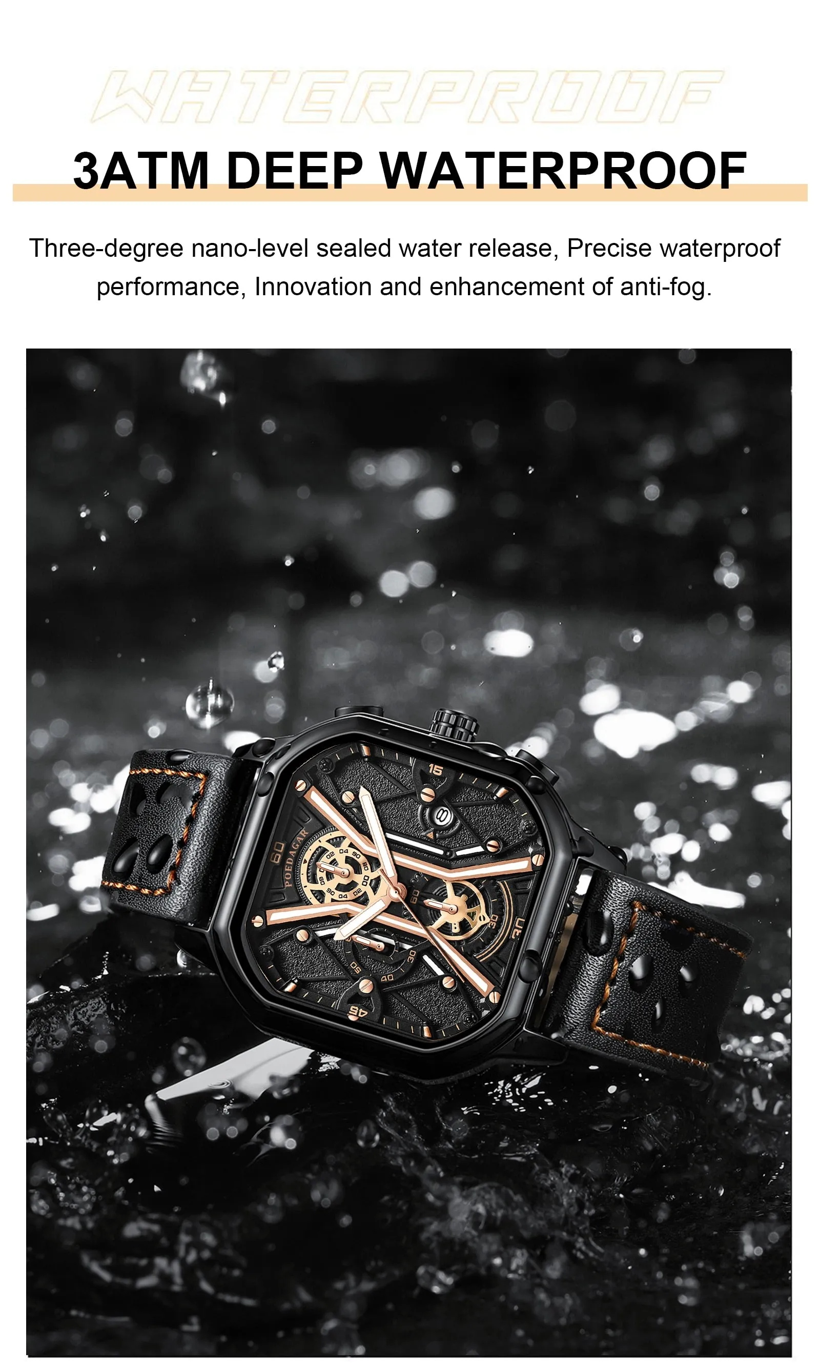 Waterproof Luminous Chronograph Man Watch Square Dial Leather