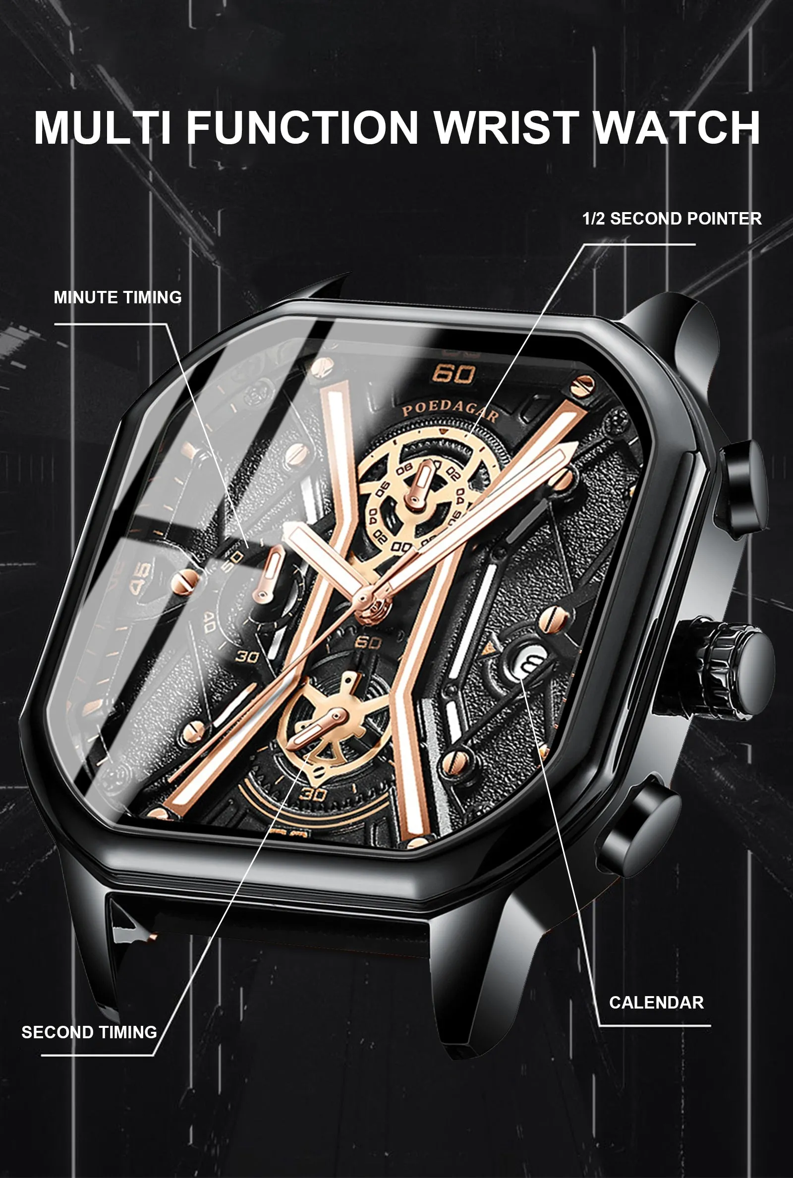 Waterproof Luminous Chronograph Man Watch Square Dial Leather