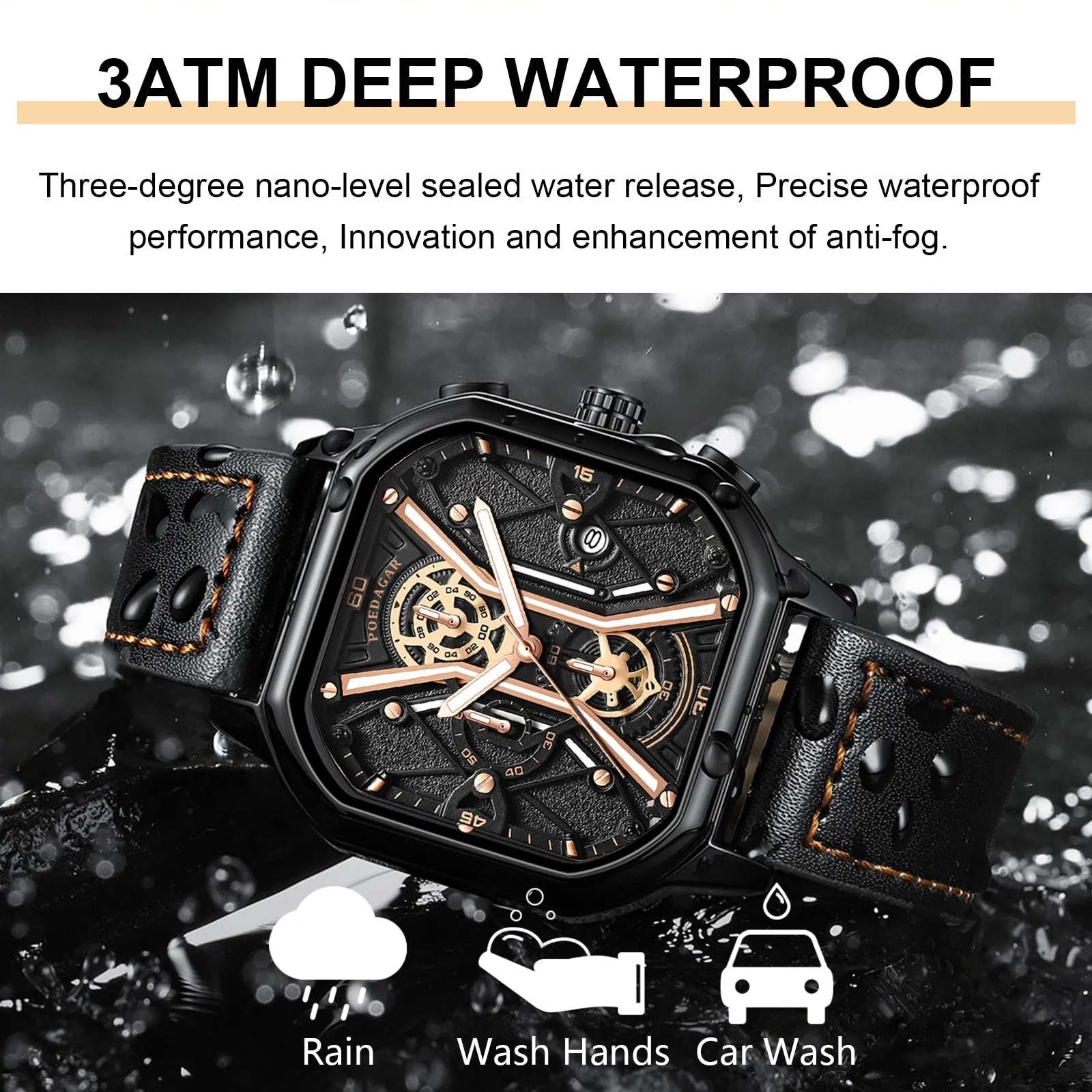 Waterproof Luminous Chronograph Man Watch Square Dial Leather