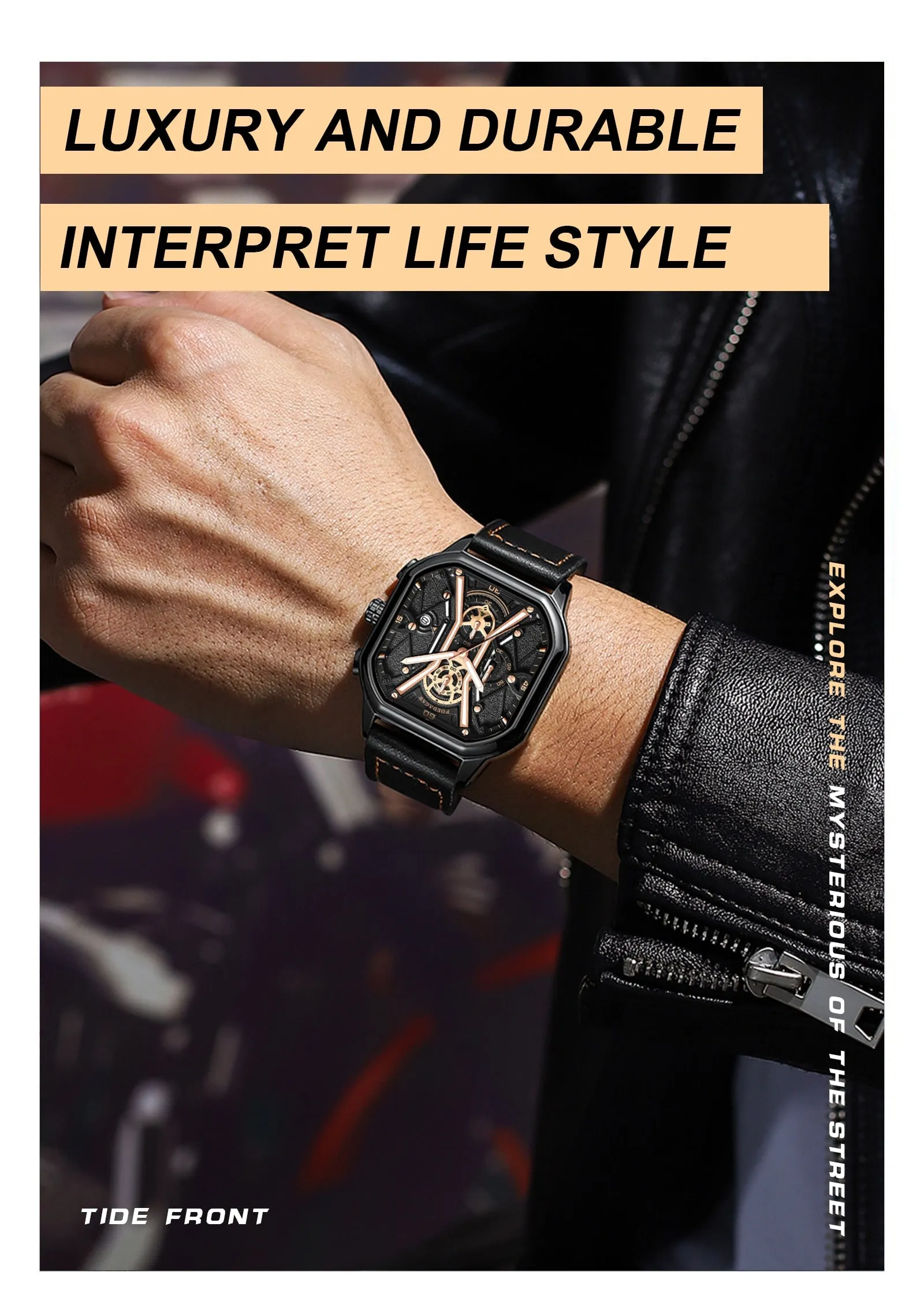 Waterproof Luminous Chronograph Man Watch Square Dial Leather