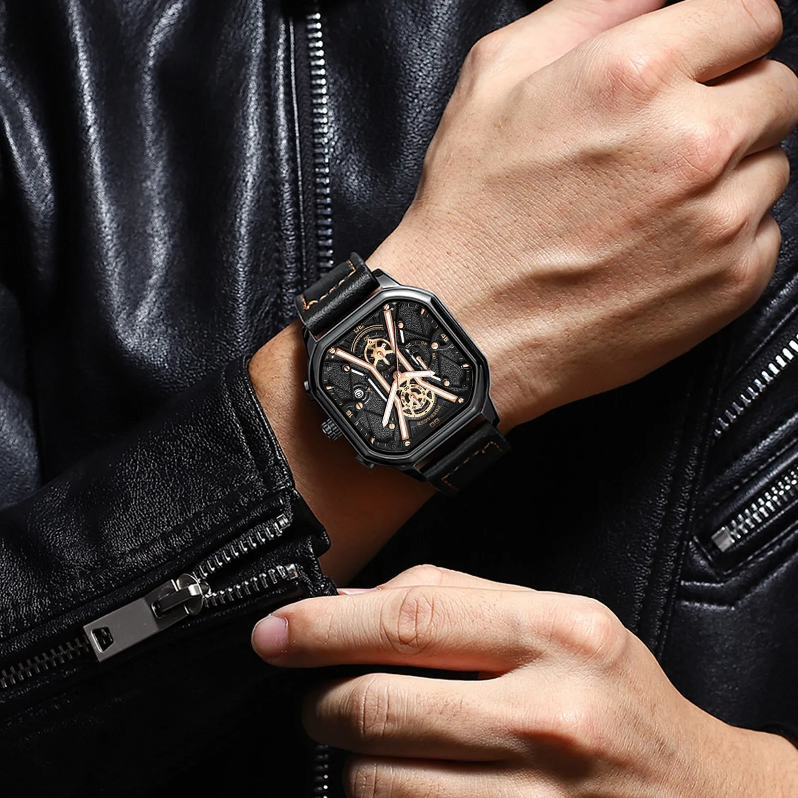 Waterproof Luminous Chronograph Man Watch Square Dial Leather