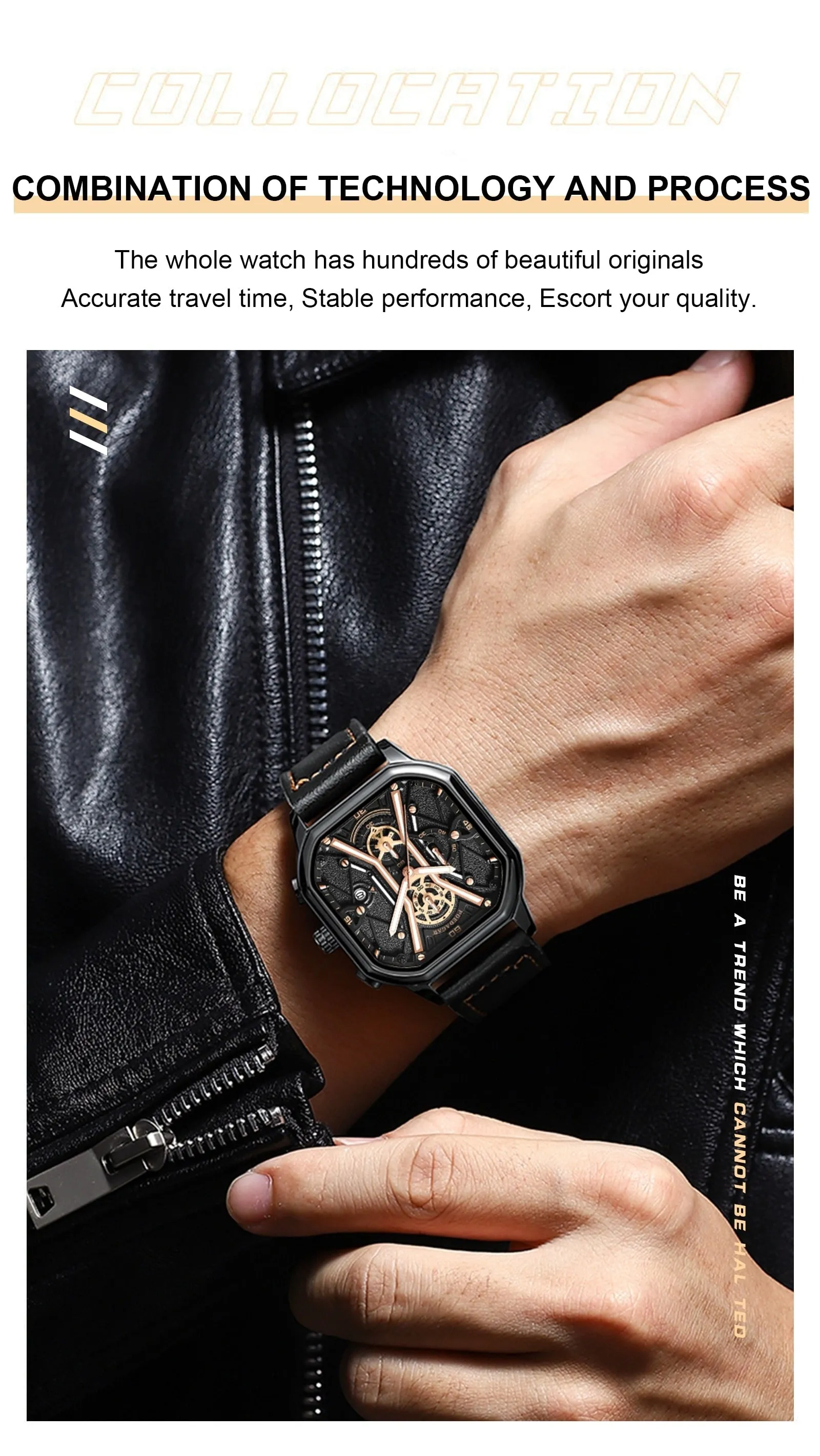 Waterproof Luminous Chronograph Man Watch Square Dial Leather