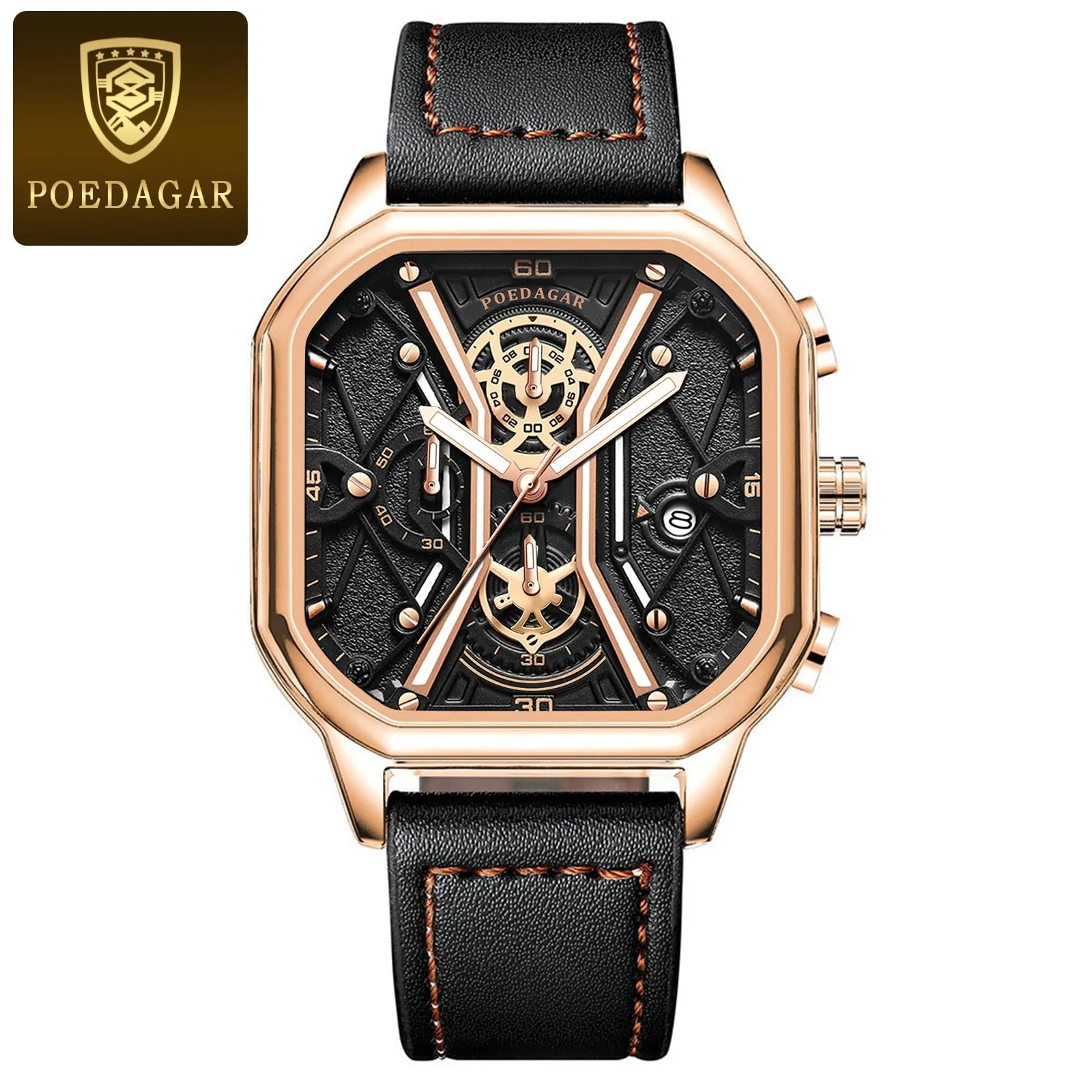 Waterproof Luminous Chronograph Man Watch Square Dial Leather