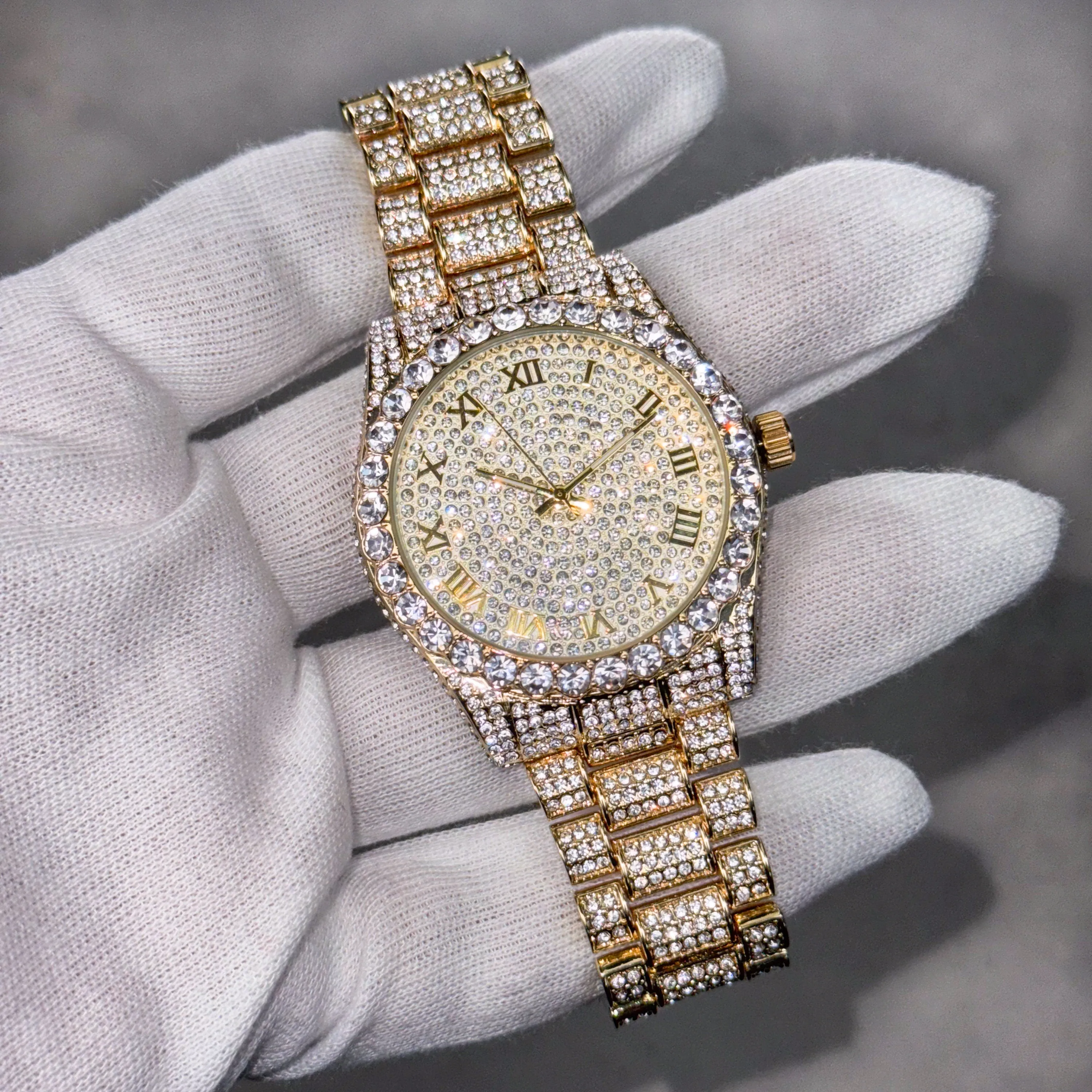 Women's 42mm Diamond Watch - Solitaire Bezel with Bling-ed Roman Dial - Quartz Movement