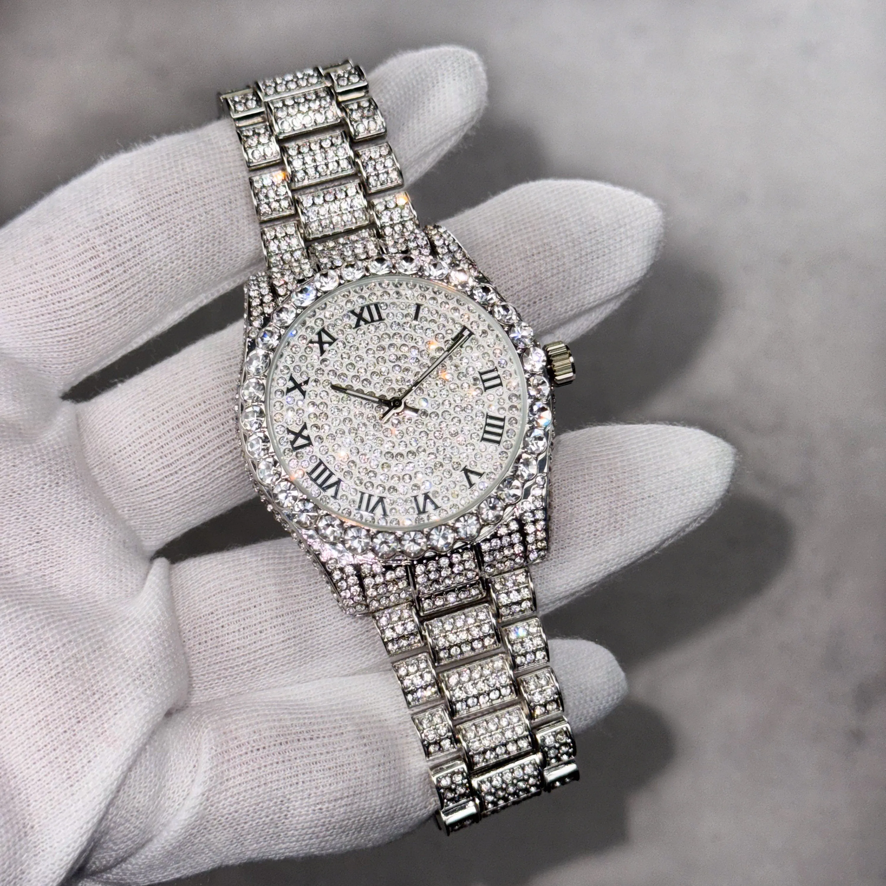 Women's 42mm Diamond Watch - Solitaire Bezel with Bling-ed Roman Dial - Quartz Movement