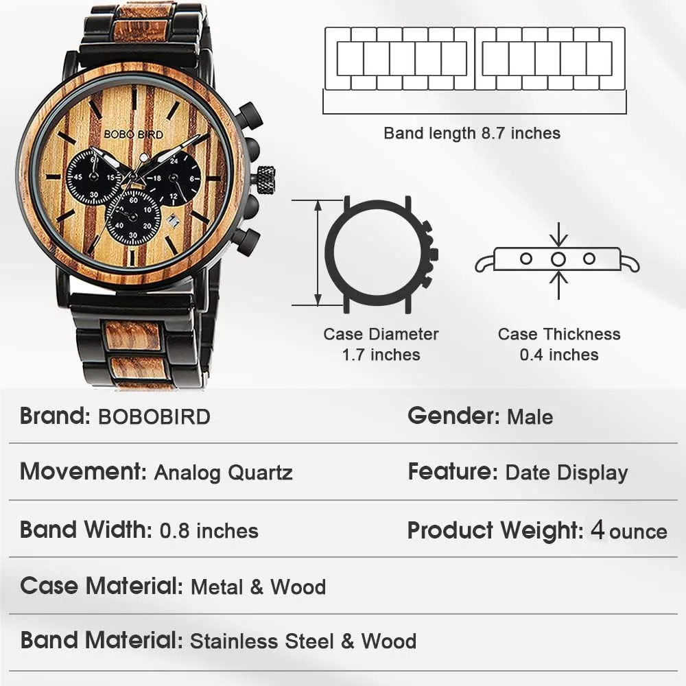 Wood & Stainless Steel Men's Chronograph Watch – Casual Military Style