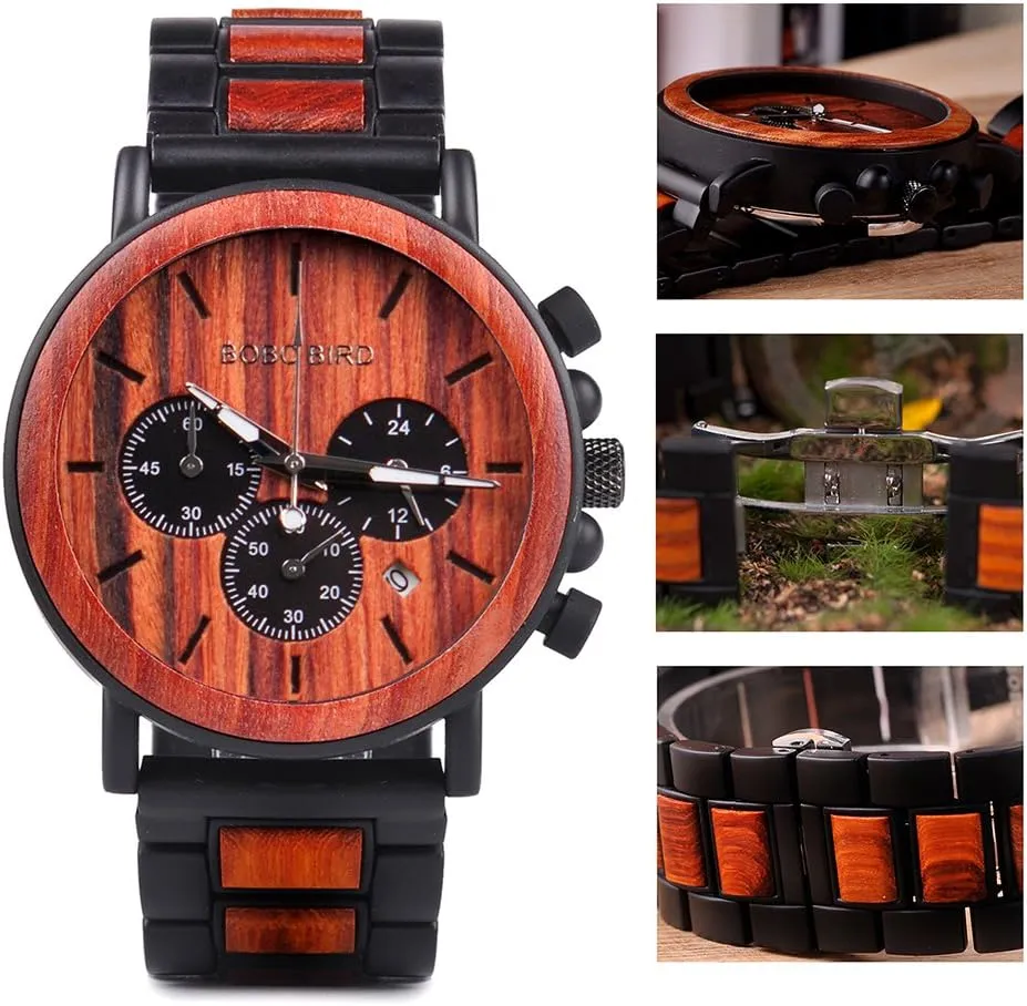 Wood & Stainless Steel Men's Chronograph Watch – Casual Military Style