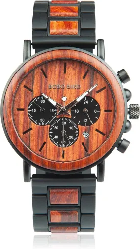 Wood & Stainless Steel Men's Chronograph Watch – Casual Military Style