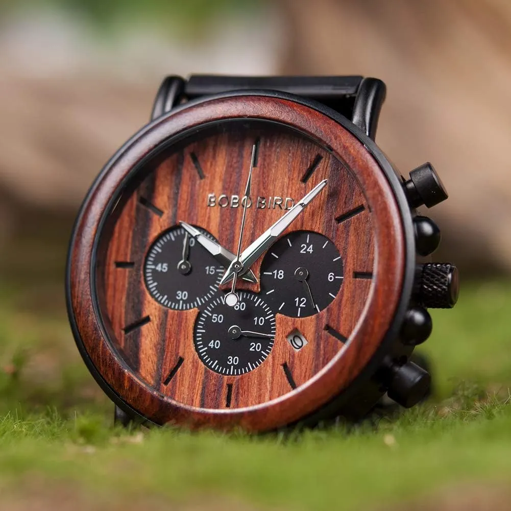 Wood & Stainless Steel Men's Chronograph Watch – Casual Military Style