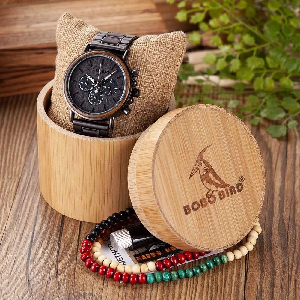 Wood & Stainless Steel Men's Chronograph Watch – Casual Military Style