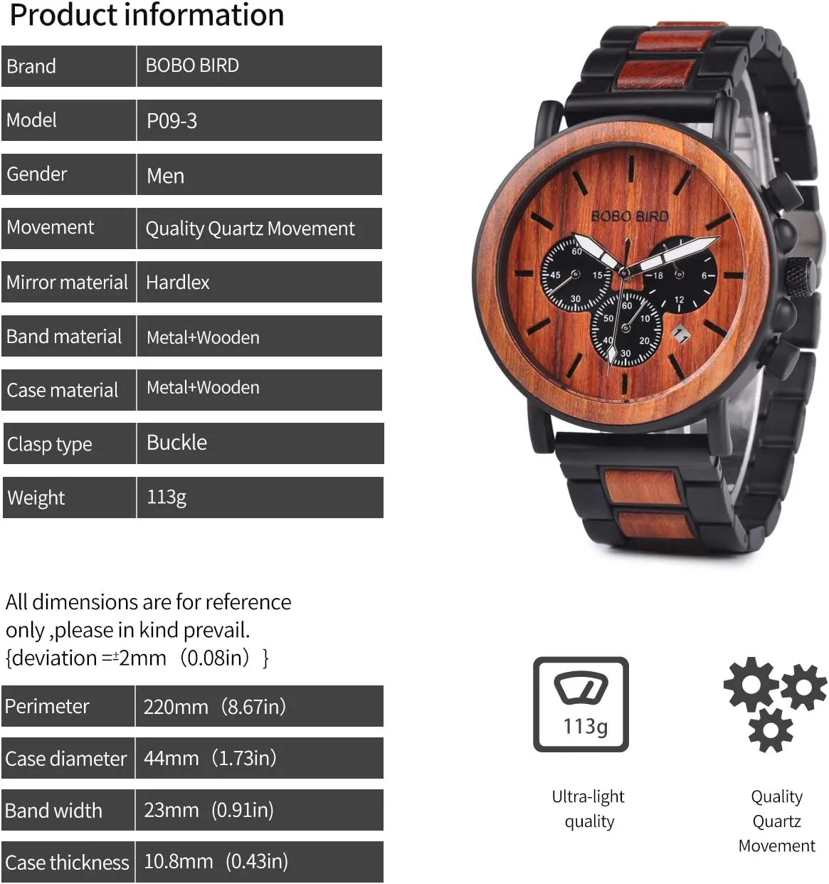 Wood & Stainless Steel Men's Chronograph Watch – Casual Military Style