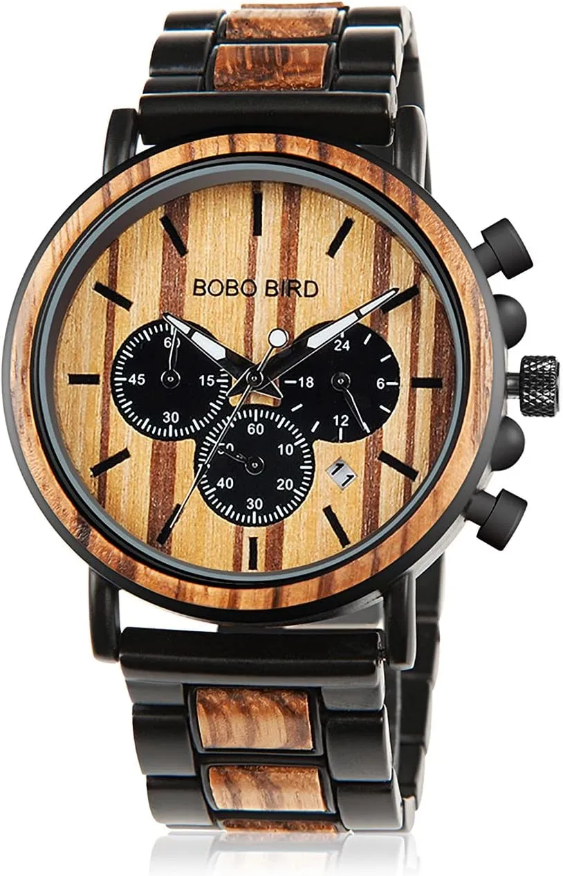 Wood & Stainless Steel Men's Chronograph Watch – Casual Military Style