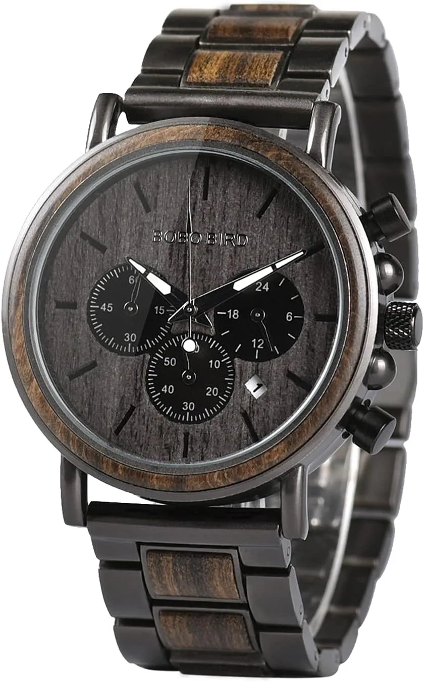 Wood & Stainless Steel Men's Chronograph Watch – Casual Military Style