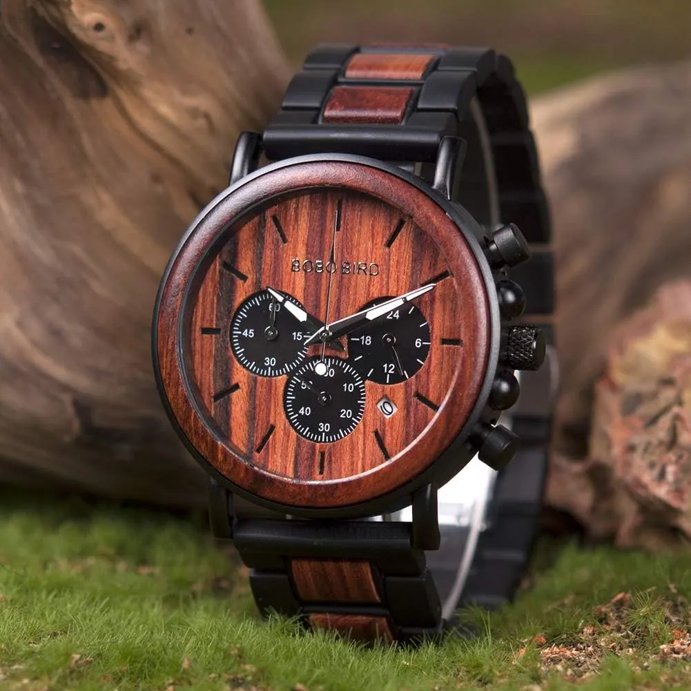 Wood & Stainless Steel Men's Chronograph Watch – Casual Military Style